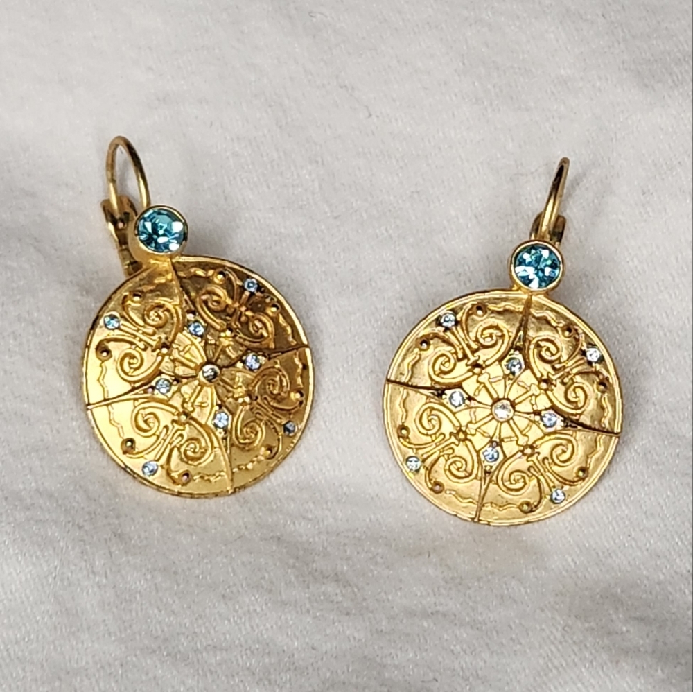 Vintage Avon Medallion Pendant Earrings w/ Blue & Clear Center Rhinestones